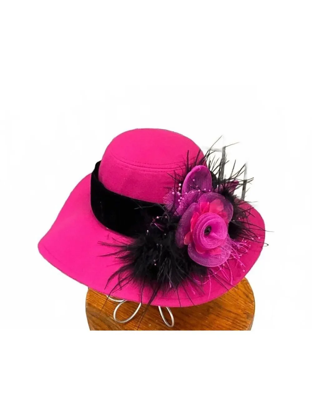 Hot Pink Felt Hat Black Velvet & Feather Embellishment